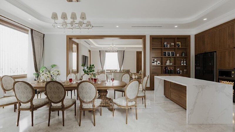 Thiết kế nội thất phòng ăn với gam màu trắng kết hợp với màu nâu vàng của gỗ óc chó mang lại vẻ đẹp quý phái Thiết kế nội thất phòng ăn gỗ tự nhiên sang trọng