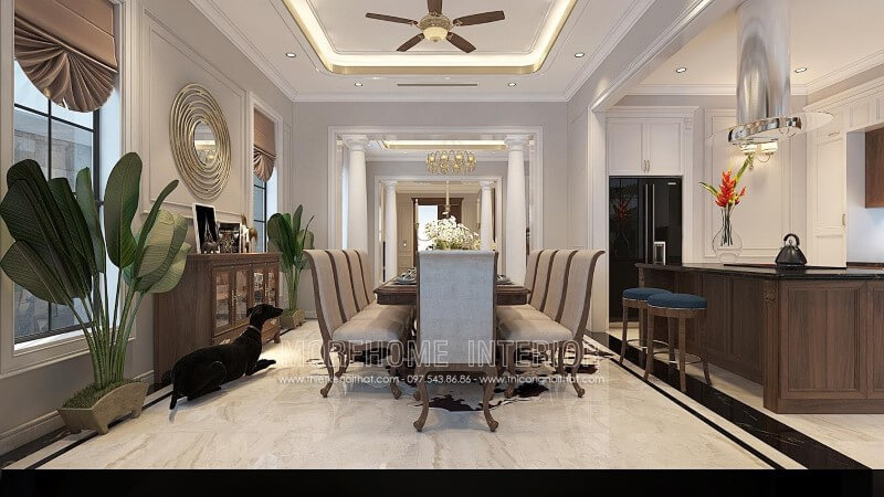 Trang trí phòng ăn đẹp với bộ bàn ghế ăn gỗ óc chó bọc nỉ tân cổ điển cao cấp Thiết kế nội thất phòng ăn gỗ tự nhiên sang trọng