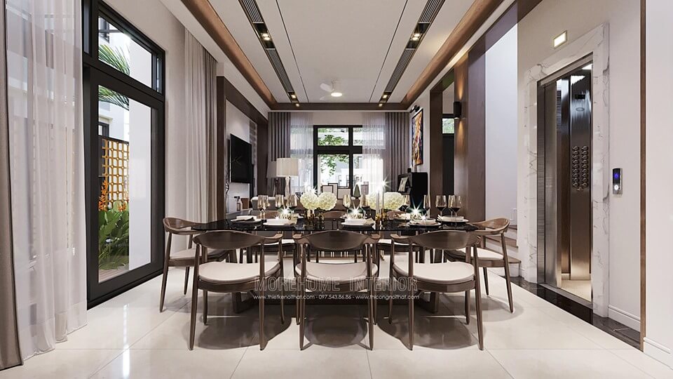 Bộ bàn ăn 6 ghế gỗ óc chó đẹp, hiện đại sang trọng cho nhà biệt thự Starlake Tây Hồ Hà Nội Thiết kế nội thất phòng ăn gỗ tự nhiên sang trọng