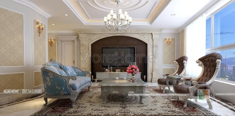 Bộ sofa cao cấp với đường cong tinh tế và trạm khắc cổ điển dường như đã trở thành chi tiết tạo điểm nhấn thẩm mỹ căn phòng. thiết kế chung cư cao cấp
