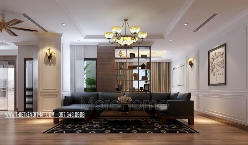 Bộ sofa óc chó bọc da cao cấp được gia chủ lựa chọn trong mẫu thiết kế này, vừa mang lại thuận tiện cho gia đình đông thành viên trong những dịp tụ tập cuối tuần, vừa thể hiện đẳng cấp chịu chơi của gia chủ thiết kế chung cư cao cấp