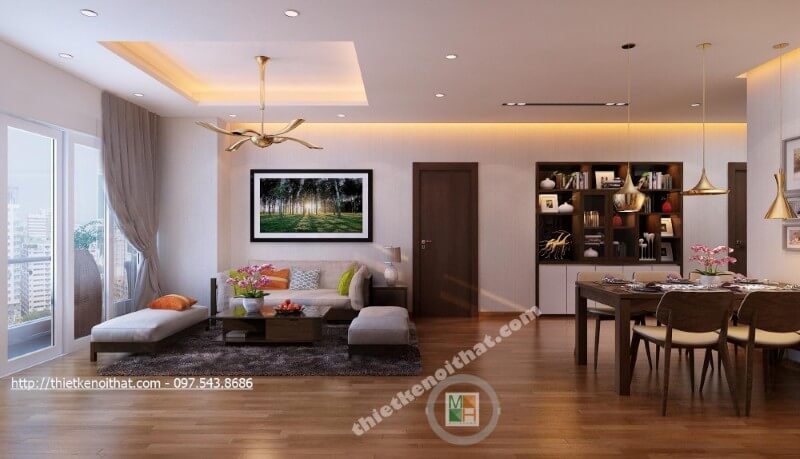 Bộ sofa hiện đại với sự kết hợp hài hòa giữa 2 tone màu nâu trầm và trắng sữa với ánh sáng tự nhiên mang lại không gian thiết kế nhẹ nhàng gợi cảm giác thân thiện và thư giãn thiết kế chung cư cao cấp