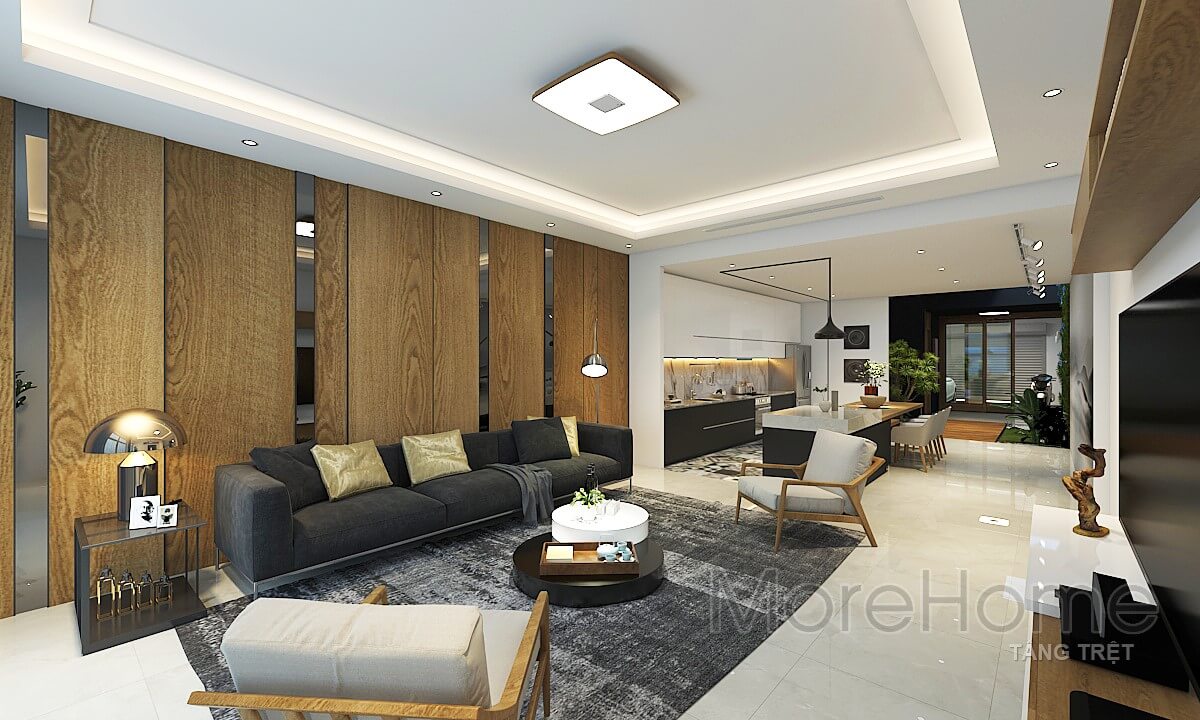 Nội thất sofa bọc vải dài hiện đại với tông màu tối giúp không gian phòng khách hài hòa về màu sắc trong phòng Ngắm nhìn các mẫu thiết kế sofa phòng khách đẹp và tinh tế