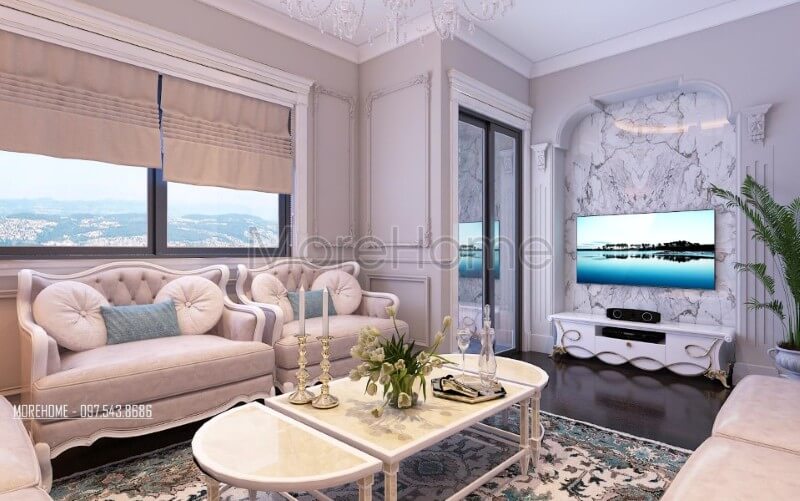 Mẫu sofa phòng khách tân cổ điển với tone màu trắng chủ đạo mang đến một không gian tiếp khách sang trọng và tinh tế. Danh sách các mẫu thiết kế sofa phòng khách cao cấp
