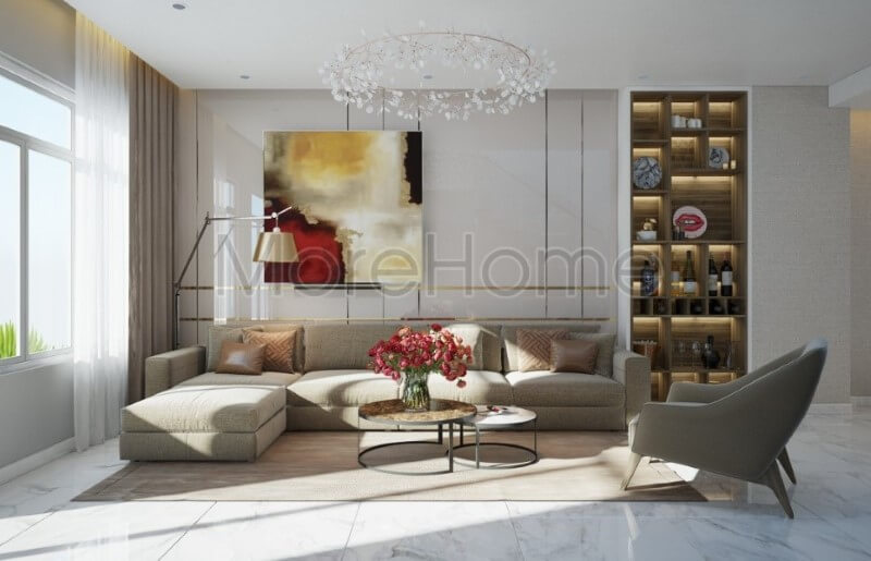 Nội thất sofa chữ L phòng khách với tông màu ghi sáng bọc nỉ điểm nhấn ấn tượng cho phòng khách Danh sách các mẫu thiết kế sofa phòng khách cao cấp