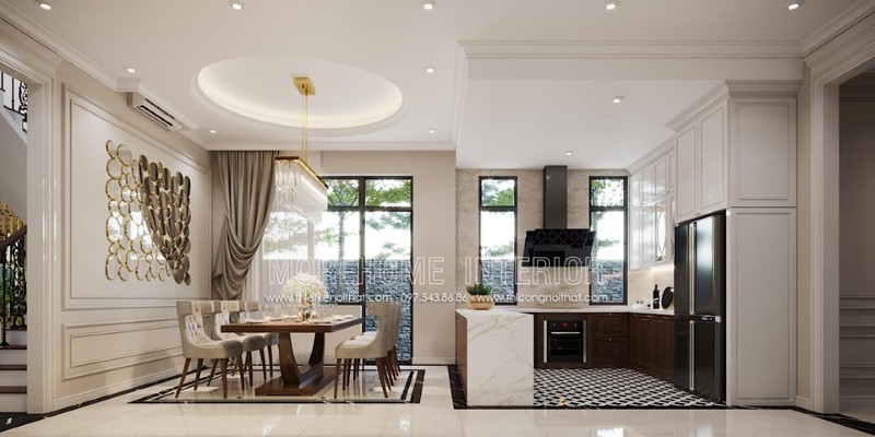 Thiết kế phòng ăn liền bếp với hệ cửa mở giúp không gian luôn được thông thoáng. Thiết kế cao cấp