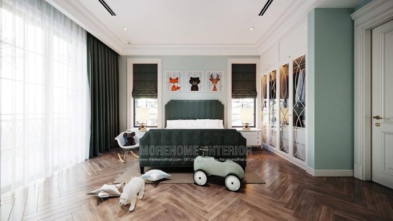 Giường ngủ cho bé trai đẹp với thiết kế bọc nệm độc đáo cùng sắc xanh ấn tượng tạo điểm nhấn nổi bật cho toàn bộ không gian. Thiết kế cao cấp