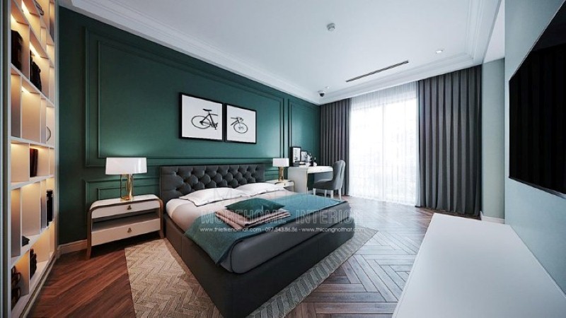 Giường bọc nệm đẹp ấn tượng với kiểu dáng vuông vắn kết hợp các nút nệm đầu giường tạo cảm giác êm ái, sang trọng cho phòng ngủ đương đại. Thiết kế cao cấp