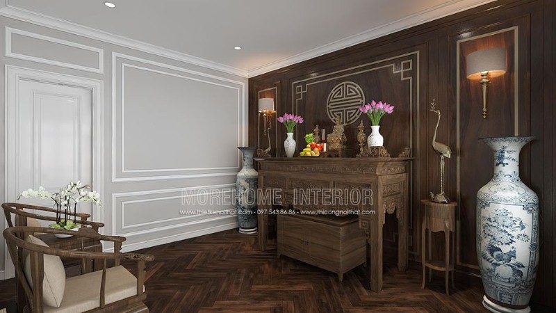 Thiết kế phòng thờ gỗ óc chó đẹp cho nhà chung cư cao cấp, nhà phố, biệt thự. Thiết kế cao cấp