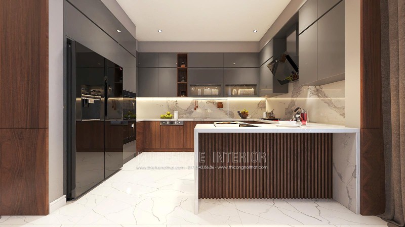 Tủ bếp gỗ công nghiệp đẹp sang trọng cho phòng bếp nhà phố, biệt thự hiện đại. Thiết kế cao cấp