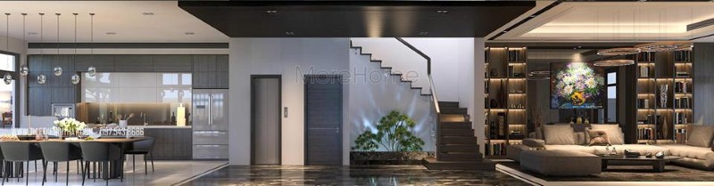 Bố trí nhà vệ sinh gầm cầu thang, tiểu cảnh độc đáo tạo góc nhìn ấn tượng cho phòng khách liền bếp biệt thự, nhà phố. Thiết kế cao cấp