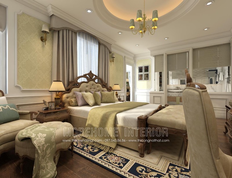 Mẫu đầu giường bọc nỉ tân cổ điển này được kết hợp với khung giường bằng gỗ tự nhiên nhập khẩu được sản suất bởi Morehome. Liên hệ 097.543.8686 để được báo giá giường gỗ óc chó đẹp này nhé