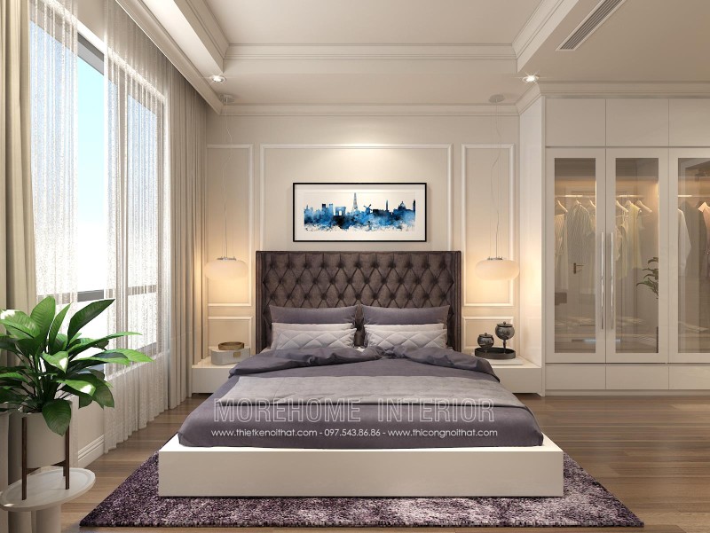 Trang trí phòng ngủ chung cư đẹp và sang trọng với mẫu giường ngủ hiện đại đầu giường bọc nỉ