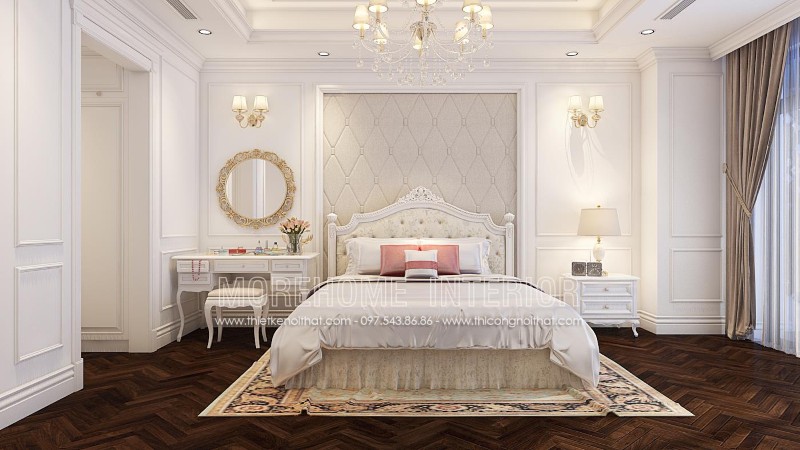 Giường ngủ gỗ tần bì phun sơn trắng cao cấp, phần đầu giường bọc nỉ nhập khẩu mang lại cho khu vực phòng ngủ Master vẻ đẹp tinh tế, sang trọng, kiêu sa mà cuốn hút của chúng luôn làm cho người ta phải say đắm.