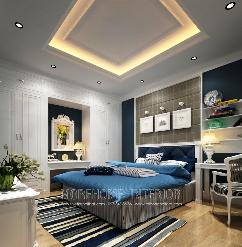 Thiết kế nội thất phòng ngủ chung cư sang trọng, tiện nghi với giường ngủ hiện đại bọc nỉ đầu giường ấn tượng
