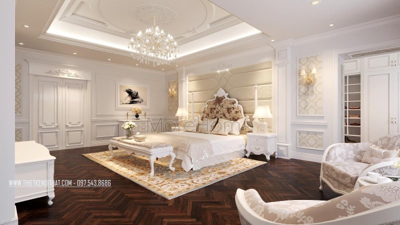 Mẫu giường ngủ 2 người khung gỗ tần bì phun sơn màu trắng đầy ấn tượng, phần đầu giường bọc nỉ với các họa tiết ấn tượng mang đến một vẻ đẹp lãng mạn, ấp áp cho gia chủ