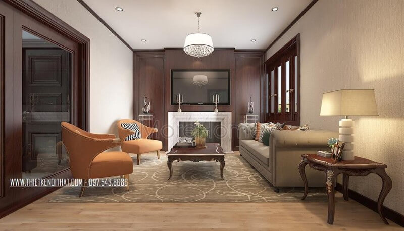 Trang trí nội thất phòng khách biệt thự tân cổ điển nhẹ nhàng, không quá cầu kì vào từng chi tiết nhỏ, tạo nên không gian sang chảnh và thoáng đãng hơn Nội thất phòng khách tân cổ điển đẹp, sang trọng