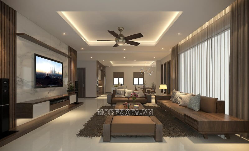 Trang trí nội thất phòng khách nhà phố, nhà biệt thự bằng sofa gỗ óc chó cao cấp Trang trí nội thất phòng khách nhà biệt thự sang trọng và đẳng cấp