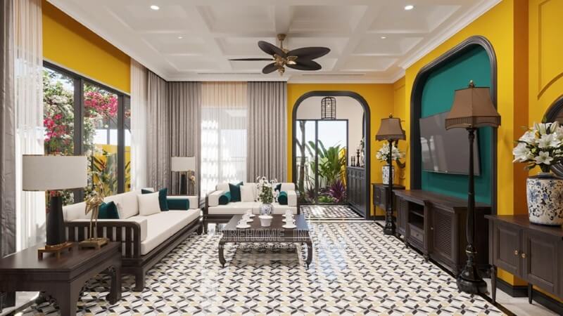 Trang trí nội thất phòng khách biệt thự đẹp với màu sắc á đông truyền thống Trang trí nội thất phòng khách nhà biệt thự sang trọng và đẳng cấp