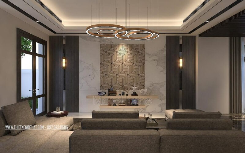 Đá ốp tường vân mây cùng họa tiết 3D điểm nhấn tạo góc nhìn độc đáo, sang trọng cho phòng khách biệt thự, nhà phố hiện đại. Các mẫu thiết kế đá ốp tường phòng khách đẹp đa sắc