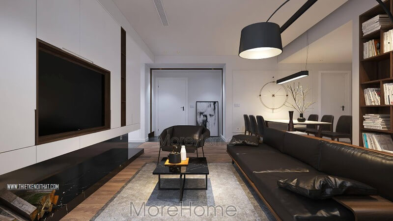 Điểm nhấn của phòng khách này là bộ sofa da gỗ màu đen cao cấp tạo điểm nổi bật giữa căn phòng với tông màu trắng làm chủ đạo Gợi ý các mẫu sofa phòng khách đẹp nhất