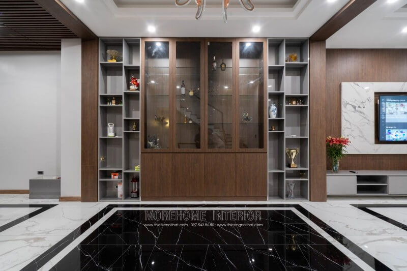 Morehome thi công hoàn thiện hệ tủ gỗ trang trí nội thất phòng khách biệt thự 4 tầng Nghệ An Thi công nội thất phòng khách biệt thự đẹp, đẳng cấp