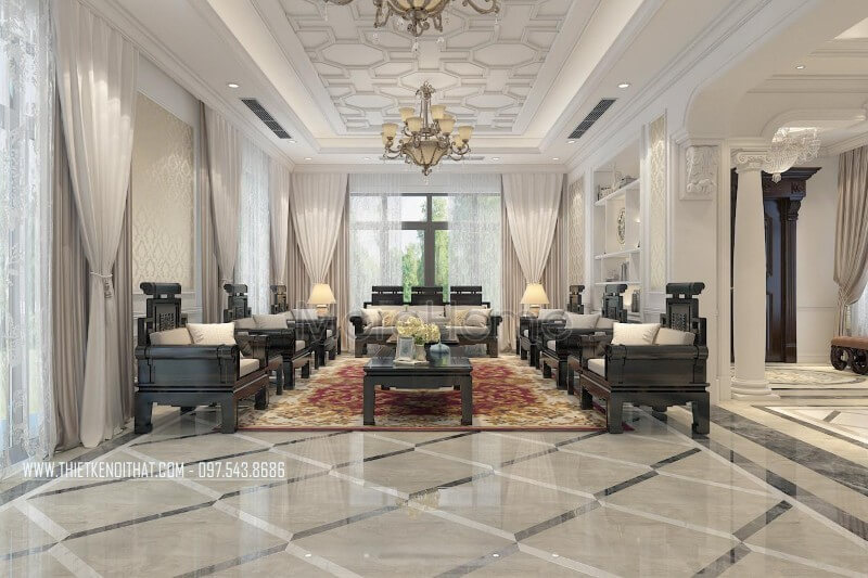 Lựa chọn 2 tone màu chủ đạo là trắng và đen, cùng với sự sắp xếp đồ gỗ nội thất hợp lí, không gian phòng khách trở nên sang chảnh, đẳng cấp mà không mất đi vẻ đẹp truyền thống người Việt Thiết kế nội thất phòng khách gỗ nhà biệt thự đẹp