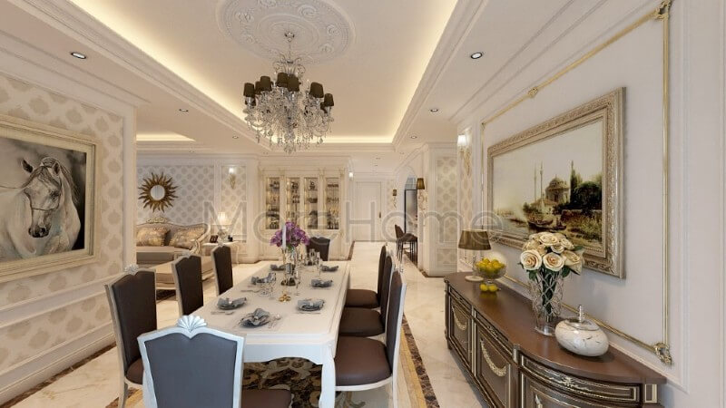 Mẫu thiết kế nội thất phòng ăn chung cư phong cách ăn tân cổ điển Trang trí phòng ăn đẹp, ấn tượng