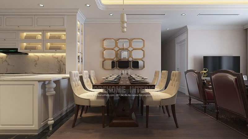 Gương trang trí là điểm nhấn ấn tượng cho khu vực bàn ăn Trang trí phòng ăn đẹp, ấn tượng