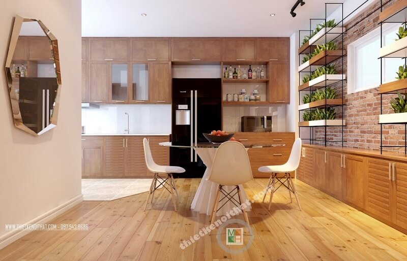 Trang trí phòng ăn tinh tế cho nhà phố, chung cư với sàn gỗ đẹp kết hợp giương treo tường ấn tượng giúp không gian thêm sang trọng và lôi cuốn Trang trí phòng ăn đẹp, ấn tượng