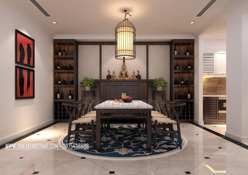 Phòng ăn được bố trí hợp lí ngay khi vực sinh hoạt chung của gia chủ, đảm bảo thuận tiện hơn trong quá trình dùng bữa cũng như là tiếp đãi khách tới chơi nhà những bữa ăn ngon miệng Trang trí phòng ăn đẹp, ấn tượng