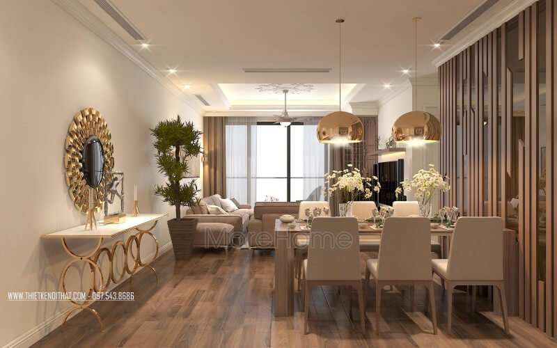 Đối diện bộ bàn ăn thay việc để trống không gian thì KTS trang trí với gương trang trí mạ vàng với thiết kế tinh xảo Trang trí phòng ăn đẹp, ấn tượng