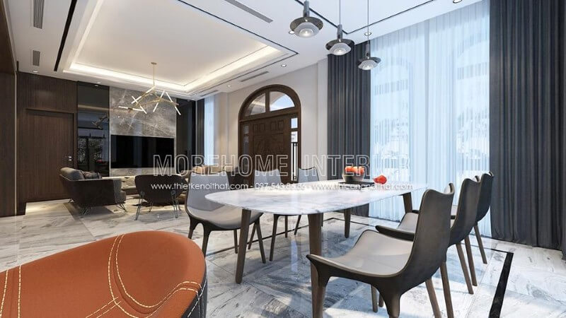 Nội thất phòng ăn được thiết kế linh hoạt, ấn tượng, phần tường gạch được thay thế bằng vách kính cường lực tận dụng được tối đa ánh sáng tự nhiên từ bên ngoài Trang trí phòng ăn đẹp, ấn tượng