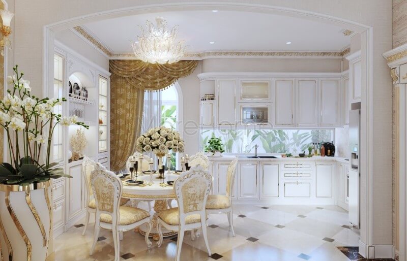 Thiết kế khu vực phòng ăn biệt thự theo xu hướng mở, tạo cảm giác rộng thoáng hơn cho không gian dùng bữa của gia chủ Trang trí phòng ăn đẹp, ấn tượng