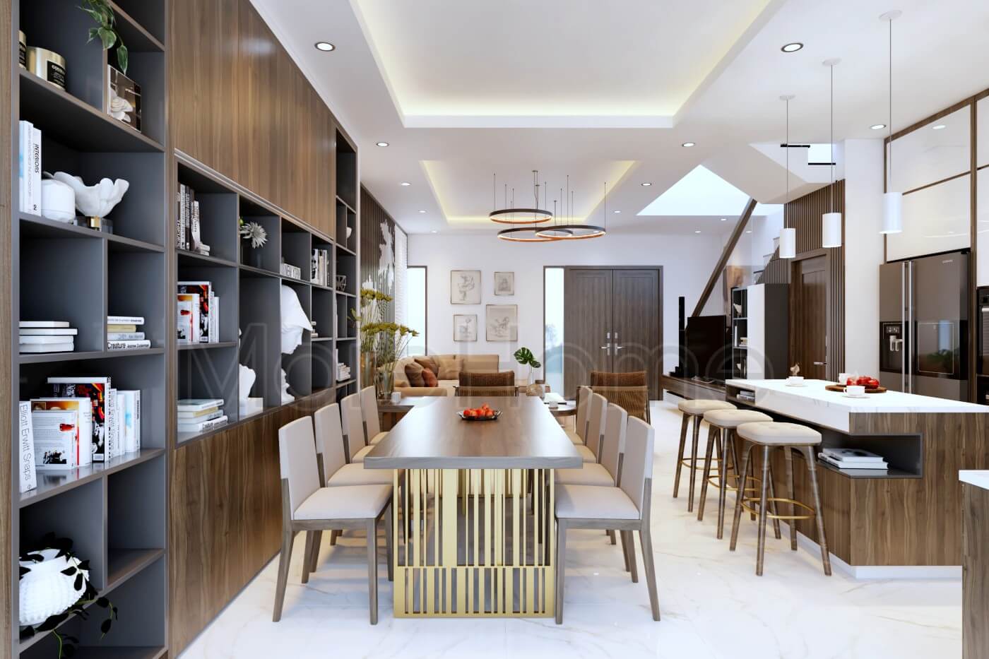 Thiết kế nội thất phòng ăn thông bếp lựa chọn chất liệu gỗ veneer óc chó cao cấp Thiết kế nội thất phòng ăn cạnh bếp đep