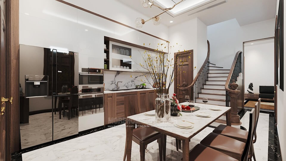 Thiết kế phòng ăn liền bếp phong cách hiện đại với nội thất gỗ óc chó cao cấp mang lại không gian ấm cúng, thân thiện cho người nội trợ Thiết kế nội thất phòng ăn cạnh bếp đep