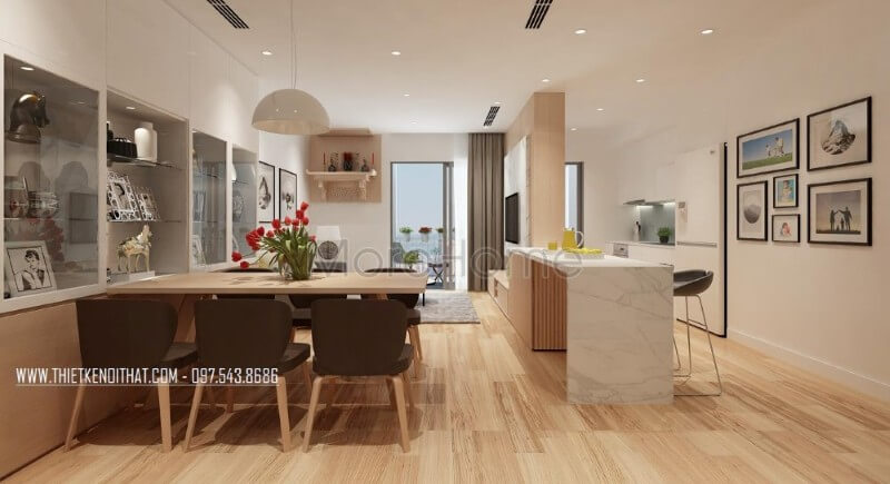 Nội thất phòng ăn liền kề khu vực phòng bếp tạo điều kiện thuận lợi cho gia chủ trong quá trình dùng bữa Thiết kế nội thất phòng ăn cạnh bếp đep
