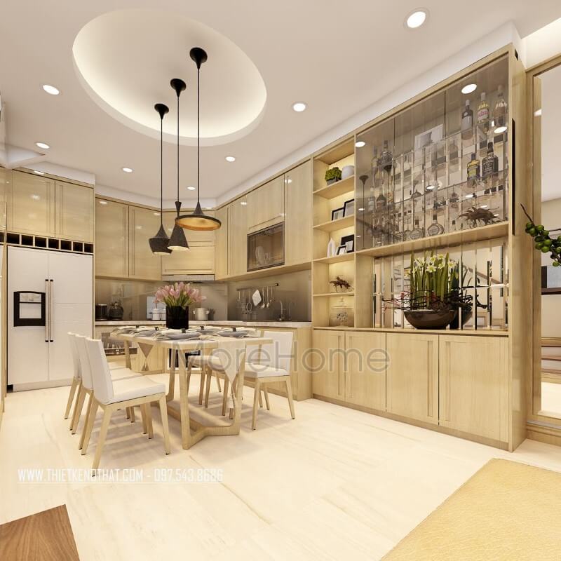Nội thất phòng ăn liền bếp ở thiết kế đồng điệu màu sắc với tủ bếp gỗ chữ U hiện đại mang lại sự tiện nghi trong sinh hoạt hàng ngày Thiết kế nội thất phòng ăn cạnh bếp đep