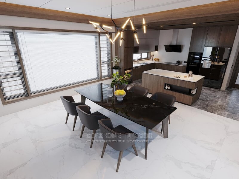 Thiết kế nội thất gỗ phòng ăn liền bếp đẹp, sang trọng cho nhà phố Hà Tĩnh hiện đại Thiết kế nội thất phòng ăn cạnh bếp đep