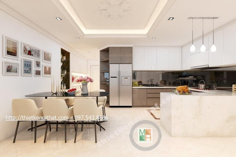 Nội thất phòng ăn chung cư liền kề với không gian nhà bếp, giúp cho quá trình nấu nướng tới dùng bữa nhanh chóng hơn Thiết kế nội thất phòng ăn cạnh bếp đep