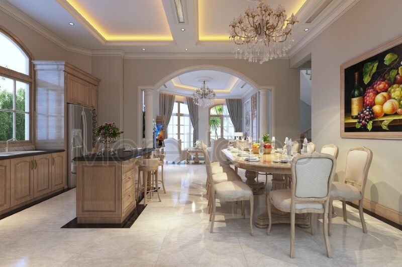 Thiết kế nội thất phòng ăn liền kề với khu vực nhà bếp giúp cho gia chủ thuận tiện nhất trong việc nấu nướng, dùng bữa nhanh chóng, ngon miệng hơn Thiết kế nội thất phòng ăn cạnh bếp đep
