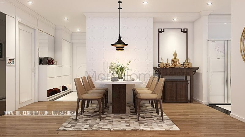 Nội thất phòng ăn chung cư được thiết kế đơn giản với tone màu nâu ấm áp mang đến sự gần gũi và thân thiện Thiết kế nội thất phòng ăn đẹp