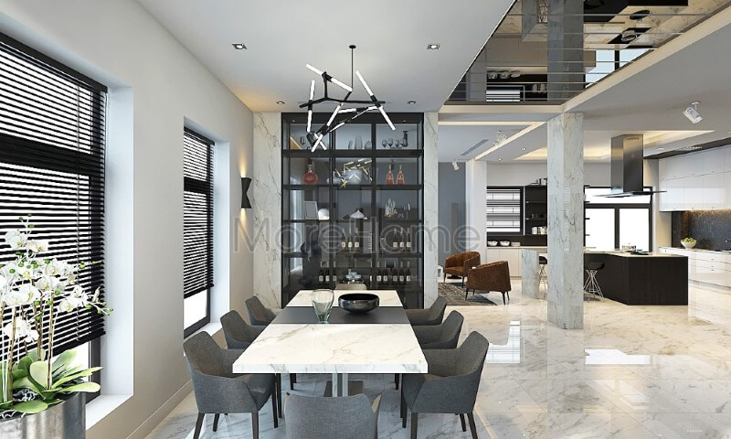Nội thất phòng ăn ấn tượng,các bức vách tường thô cứng được thay thế bằng cửa sổ kính cường lực an toàn, đảm bảo đủ ánh sáng cũng như thoải mái nhất tại khu vực dùng bữa của gia chủ Thiết kế nội thất phòng ăn đẹp