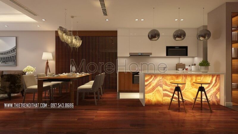 Thiết kế nội thất phòng ăn liền kề với khu vực nấu nướng mang lại sự thuận tiện hơn cho gia chủ Thiết kế phòng ăn đẹp, sang trọng và đẳng cấp