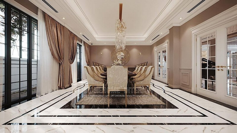 Thiết kế phòng ăn biệt thự đẹp với bộ bàn ăn tân cổ điển tạo điểm nhấn nổi bật, cuốn hút mọi ánh nhìn Thiết kế phòng ăn đẹp, sang trọng và đẳng cấp