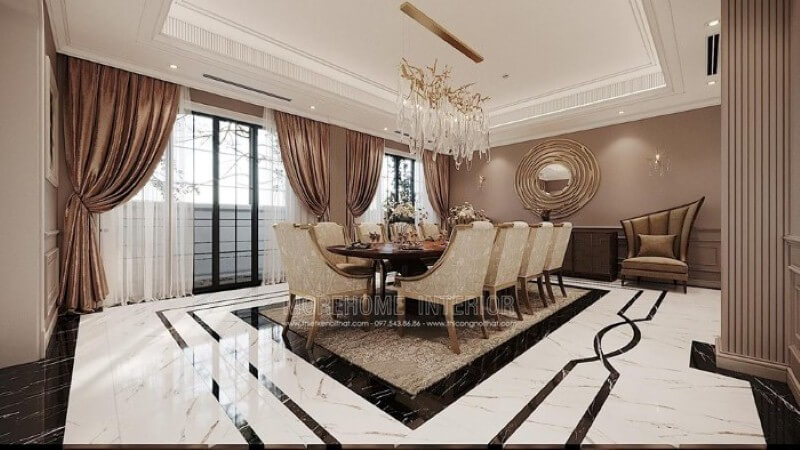 Bộ bàn ăn 10 người đẹp, sang trọng với hoa văn trang trí đẹp mắt tạo điểm nhấn ấn tượng cho không gian đương đại. Thiết kế phòng ăn đẹp, sang trọng và đẳng cấp
