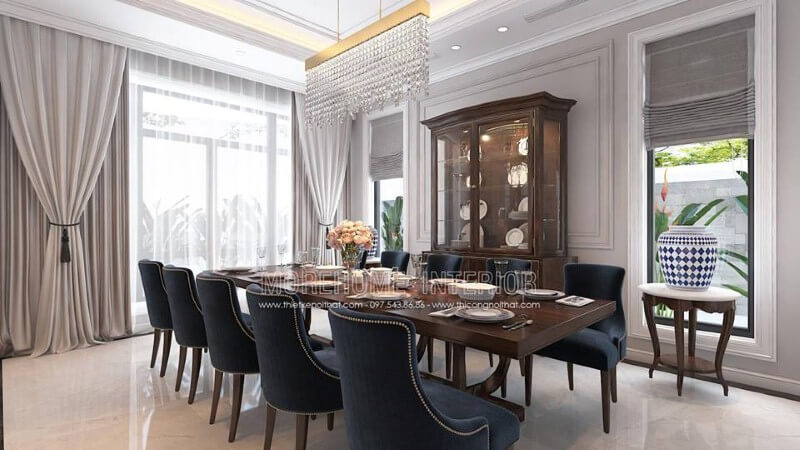 Thiết kế nội thất phòng ăn phòng ăn tân cổ điển đẹp, quý phái với không gian bàn ăn dành cho 10 người nhưng vẫn rộng rãi thông thoáng. Thiết kế phòng ăn đẹp, sang trọng và đẳng cấp