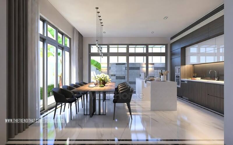 Sắp xếp nội thất phòng ăn hiện đại nhưng đẹp thông thoáng bởi ý tưởng tạo nên không gian mở từ hệ cửa kính rộng, lớn. Thiết kế phòng ăn đẹp, sang trọng và đẳng cấp