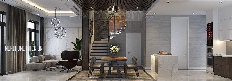 Trang trí phòng khách, bếp ăn hiện đại độc lập nhưng không sử dụng rèm che giúp không gian trở nên thông thoáng, rộng rãi. Thiết kế phòng ăn đẹp, sang trọng và đẳng cấp