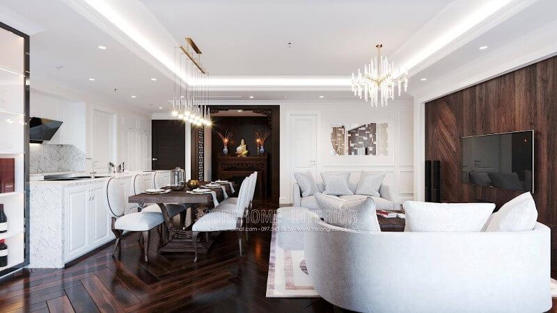 Thiết kế nội thất phòng ăn liền kề phòng khách tại chung cư cao cấp Thiết kế nội thất phòng ăn chung cư tân cổ điển